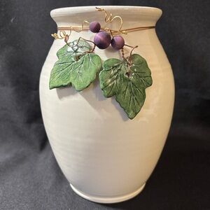 Vintage handmade studio pottery vase cream base with grape vine and leaves